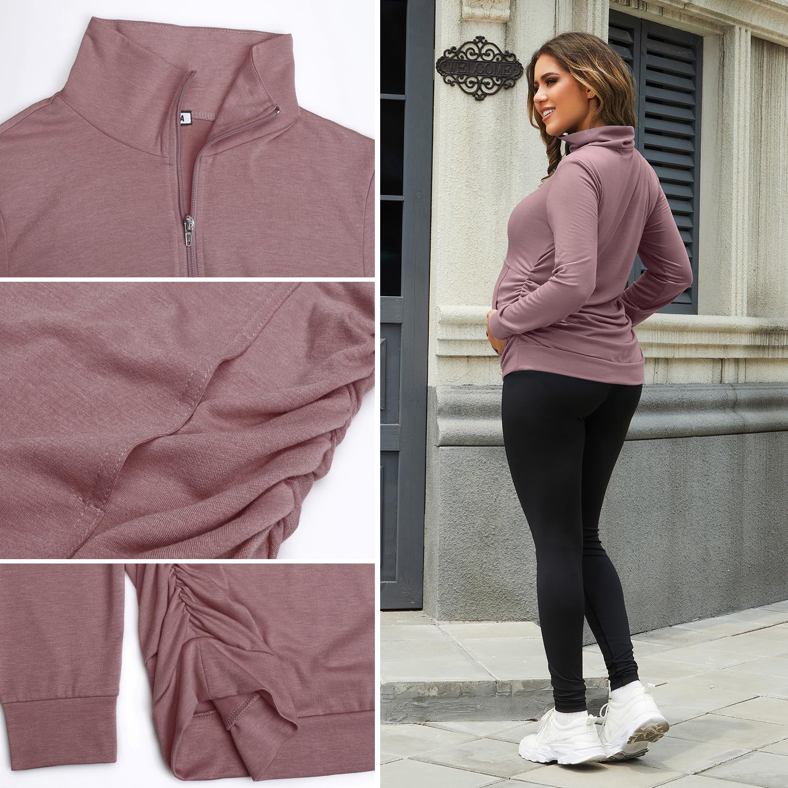 GINKANA Women's Maternity Sweatshirt Long Sleeve Kangaroo Pocket Shirt Casual Pregnancy Lapel Sweatshirt Half Zipper Tops,Mauve,M