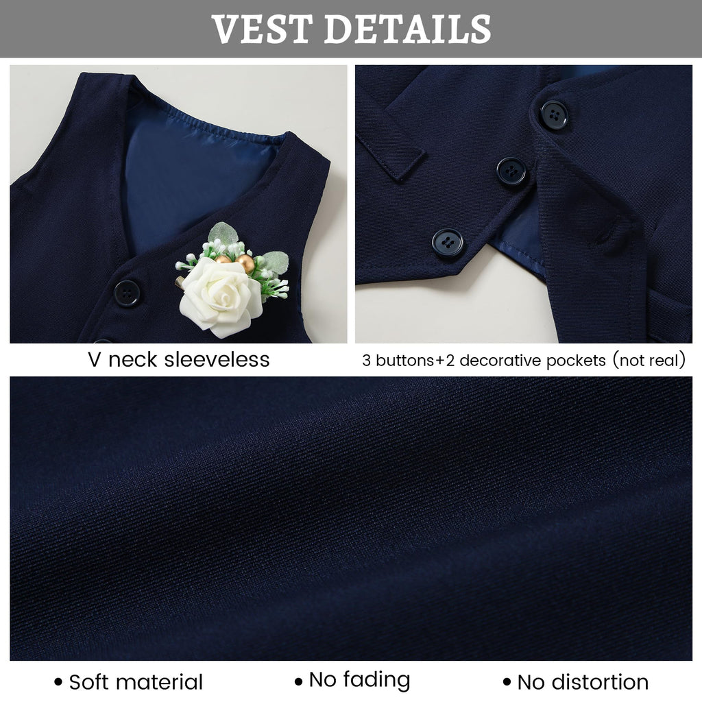 SANMIO Baby Boy Clothes Suits Infant Gentleman Outfit Collared Dress Shirt+Vest+Tie+Corsage+Pants 5Pcs Baby Suit Sets Navy Blue