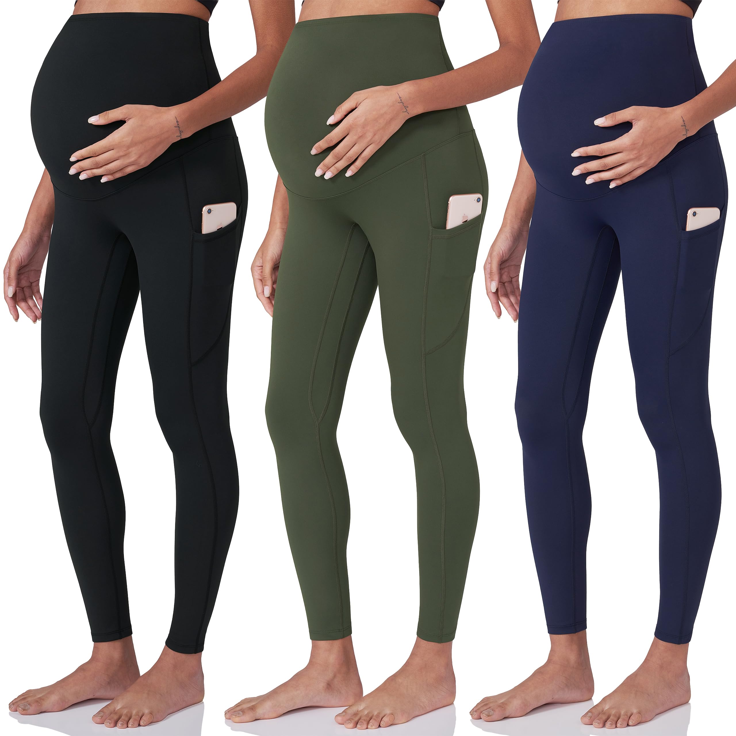 POSHDIVAH 3 Pack Women's Maternity Leggings, Black Green Navy Blue X-Large