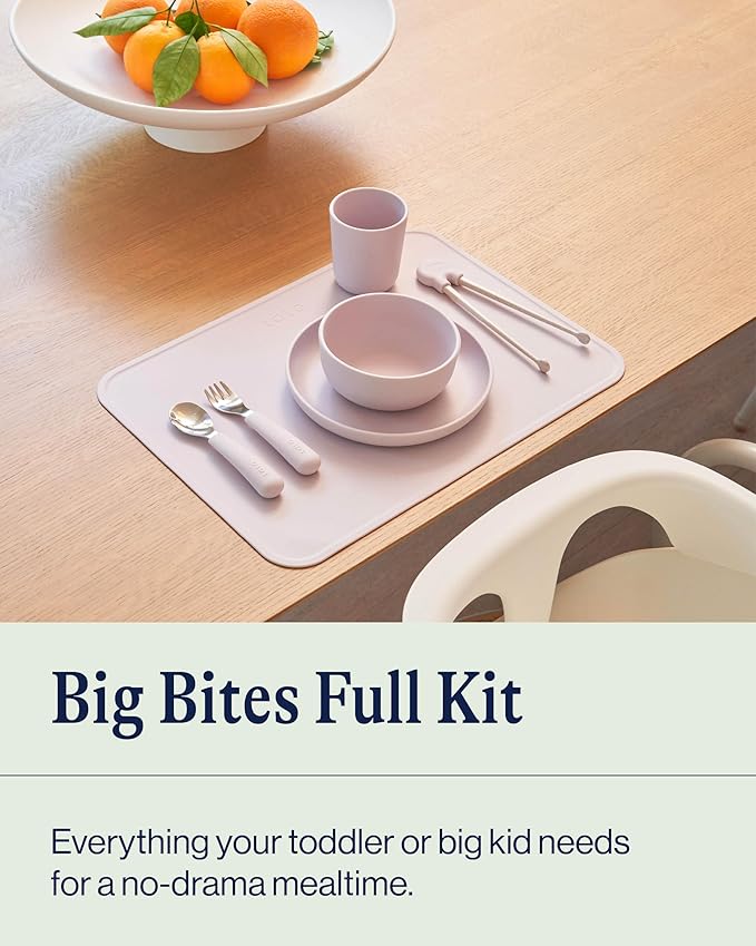 Lalo Big Bites Kids Dinnerware Full Set - Dishwasher Safe, BPA Free, Kids Tableware Set - Includes Stackable Bowl, Plate, Utensils & Cup - 7 Pieces - Blueberry