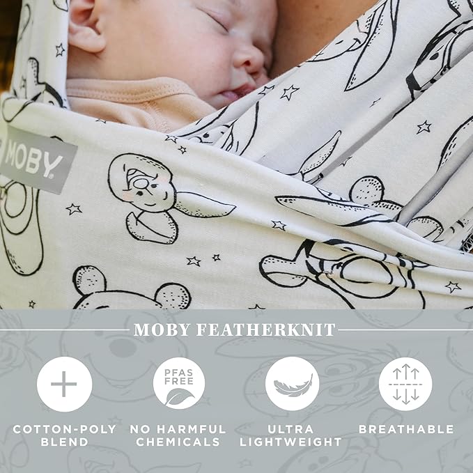 Moby Baby Wrap Carrier Featherknit for Newborns to Toddlers (8-33lbs), Infant Sling Carrier, Lightweight & Hands Free Design, Adjustable for All Body Types (Disney's Winnie The Pooh & Pals)