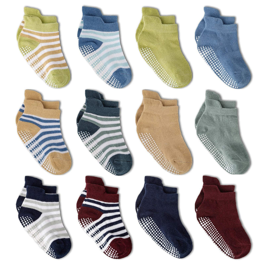 ZAPLES Baby Boys Non Slip Grip Ankle Socks with Non Skid Soles for Infants Toddlers Kids, 12 Pairs, Stripes Assort, 8-10 Years