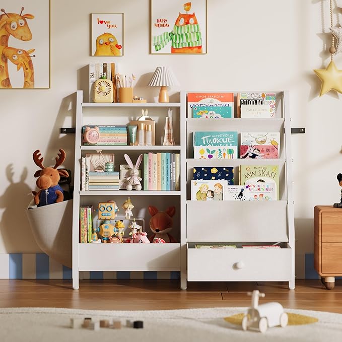 Kids Bookshelf and Toy Storage Organizer, Kids Bookcase Montessori 3 Tier Baby Toddler Sling Book Shelf with Drawer Pockets for Kids Room, Nursery, Playroom, Bedroom, White