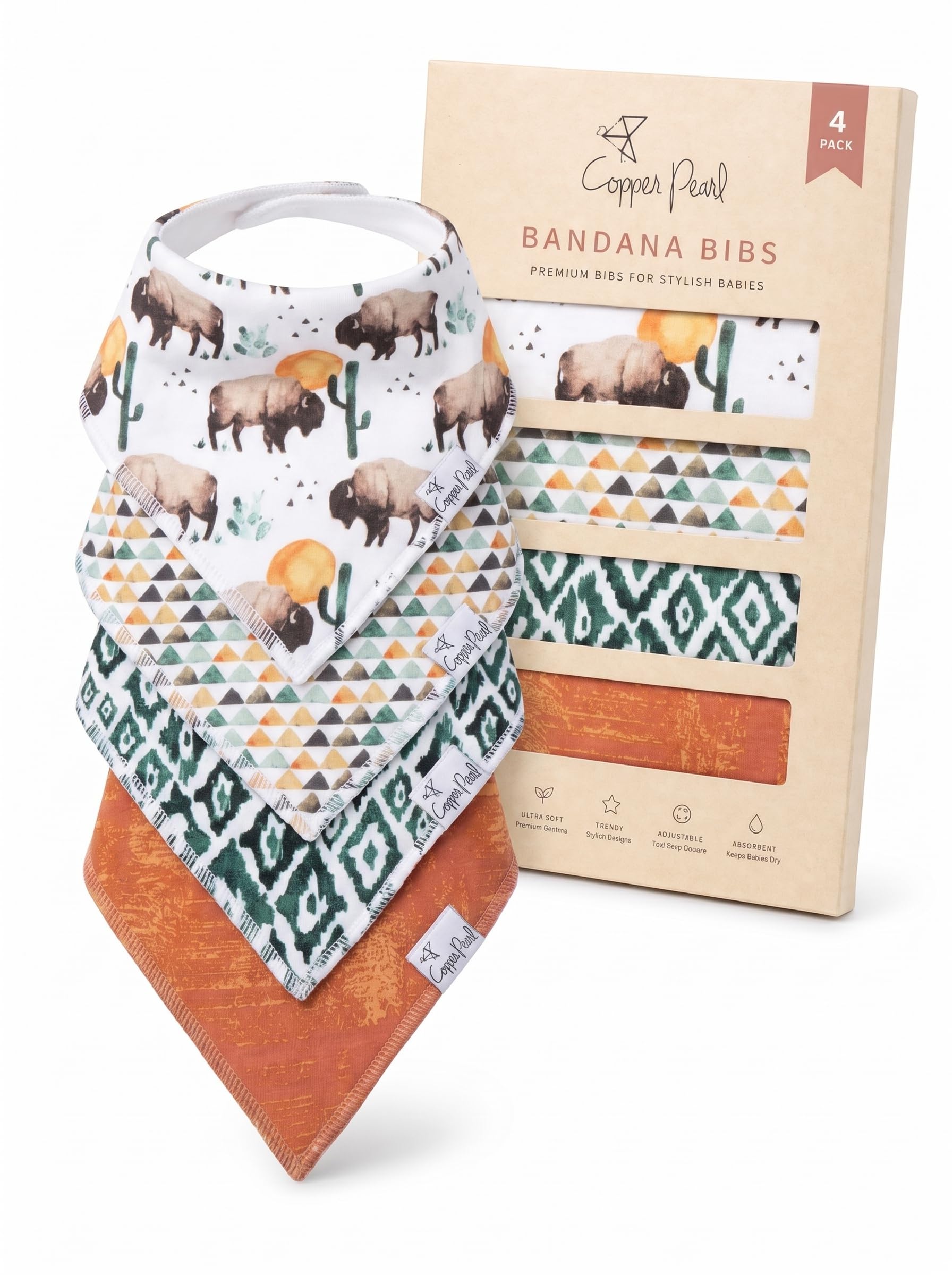 Copper Pearl Baby Bibs for Baby Boy or Girl – Bandana Drool Bibs for Teething, Absorbent Bibs for Eating, Newborn to Toddler, 4 Pack, Bison