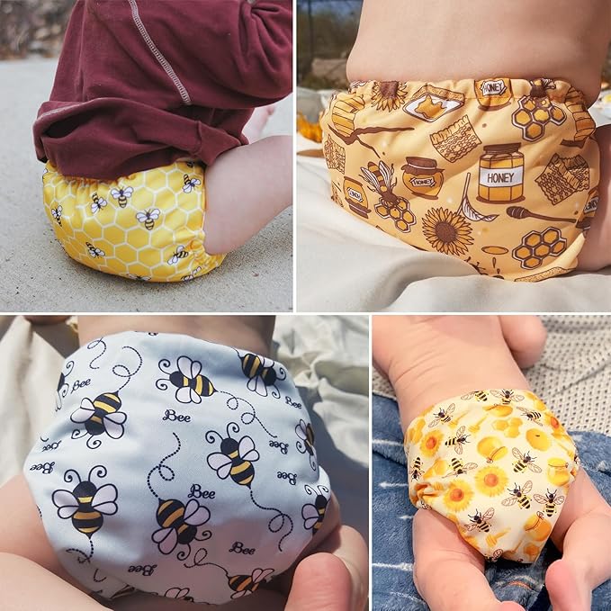 Mama Koala 3.0 Pocket Cloth Diapers for Babies with Suede Lining, 6 Pack with 6 4-Layer Natural Cloth Diaper Inserts - Reusable and Washable Pocket Diapers (S-Hardworking Bees)