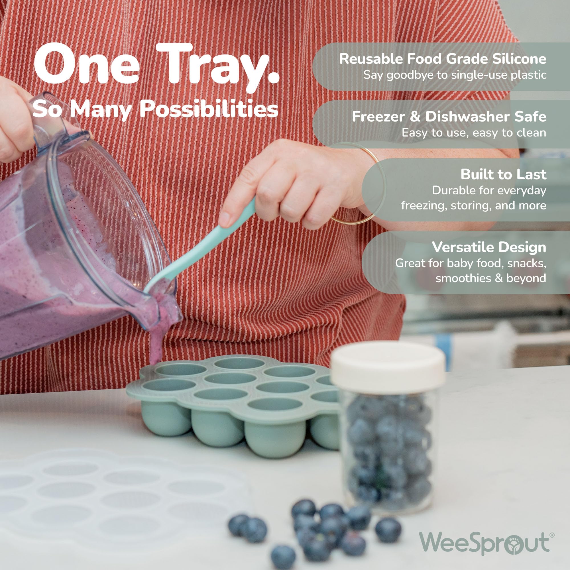 WeeSprout Silicone Freezer Tray with Clip on Lid Perfect Food Storage Container for Homemade Baby Food, Vegetable, Fruit Purees, and Breast Milk (Bright Blue, Ten 1.5 Ounce Sections)