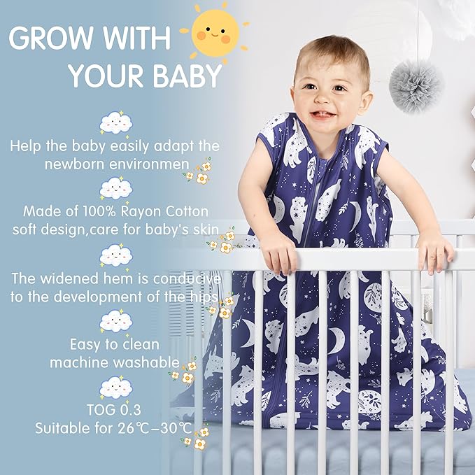 3 Pack Baby Sleep Sack 100% Rayon Cotton Baby Sleeping Bag 2-Way Zipper Toddler Wearable Blankets TOG 0.3. (Fox&Dinosaurs&Dark gray, 12-18 Months)