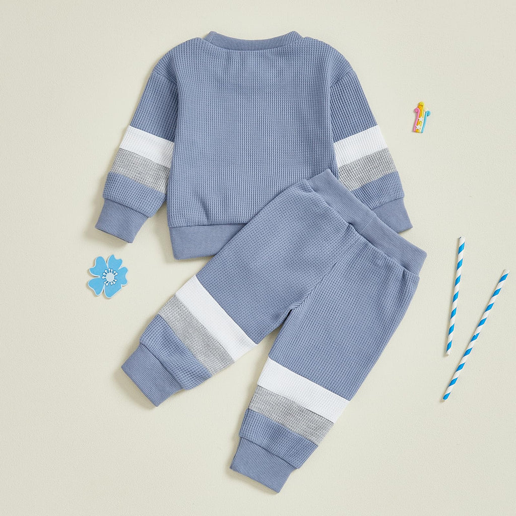 Kuriozud Toddler Baby Boy Fall Winter Clothes Long Sleeve Crewneck Pullover Sweatshirt Jogger Pants Set 2 Piece Outfit (Waffle Color Block Blue, 18-24 Months)