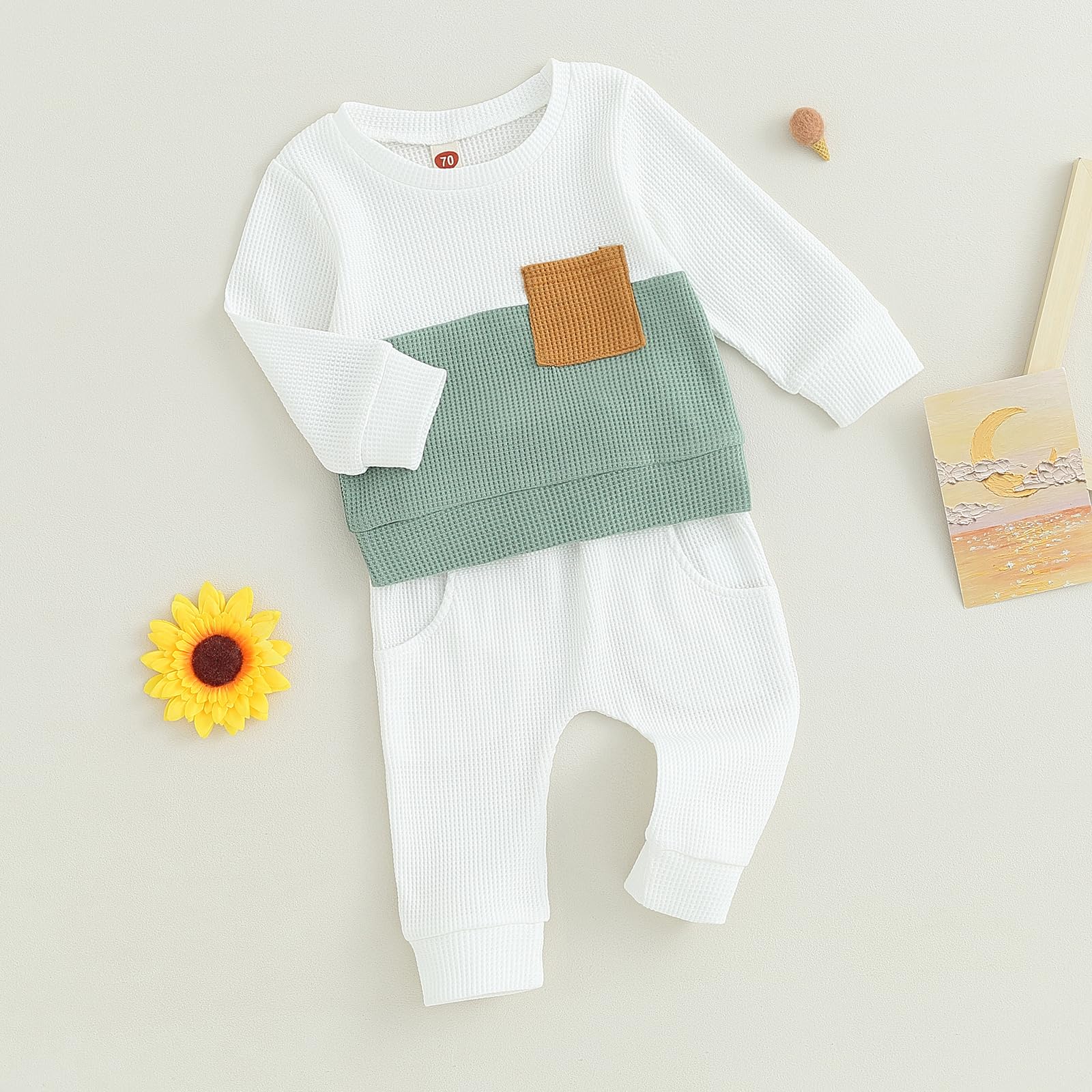 Fufuriprefer Toddler Baby Boy Fall Clothes Waffle outfit Long Sleeve Top Jogger Pant Set (White, 0-6 Months)