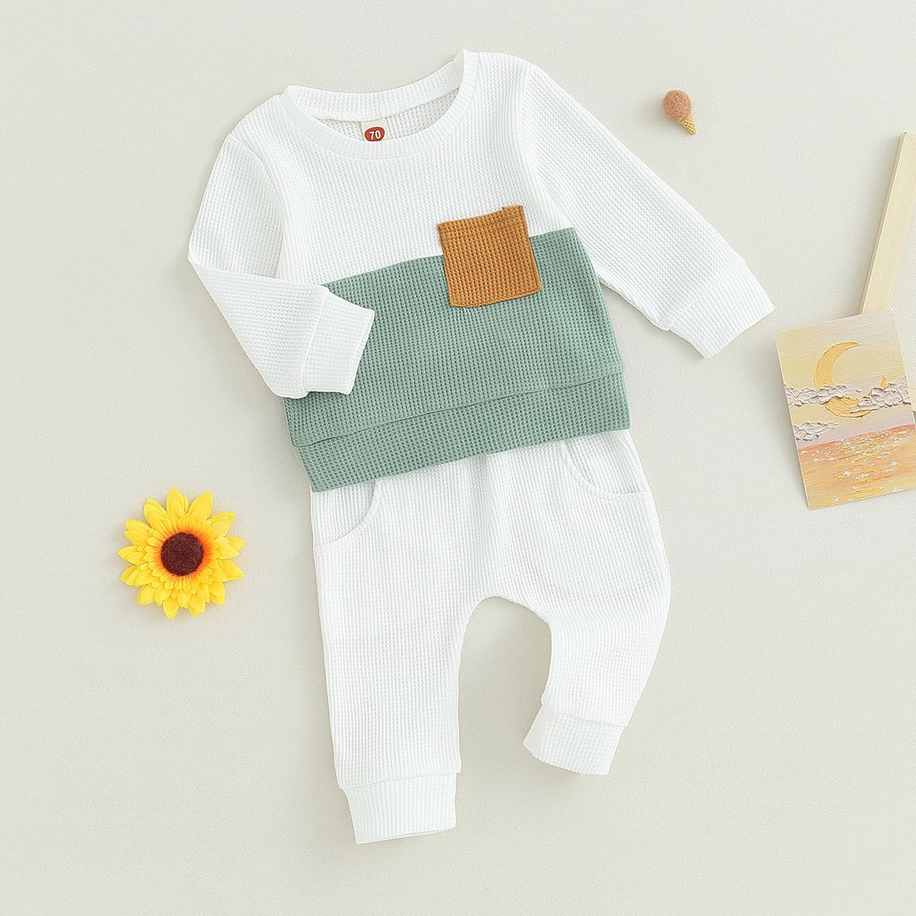 Fufuriprefer Toddler Baby Boy Fall Clothes Waffle outfit Long Sleeve Top Jogger Pant Set (White, 12-18 Months)