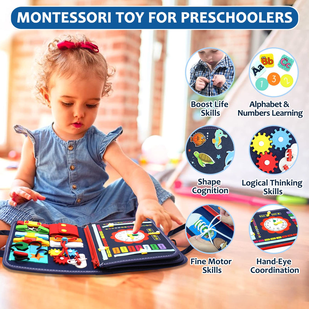 Qizfun Montessori Busy Board & Busy Book for Toddlers – Sensory & Learning Toy that Keeps Kids Busy, Travel Toy for Airplane & Car, Screen for Boys & Girls (Blue/P4)