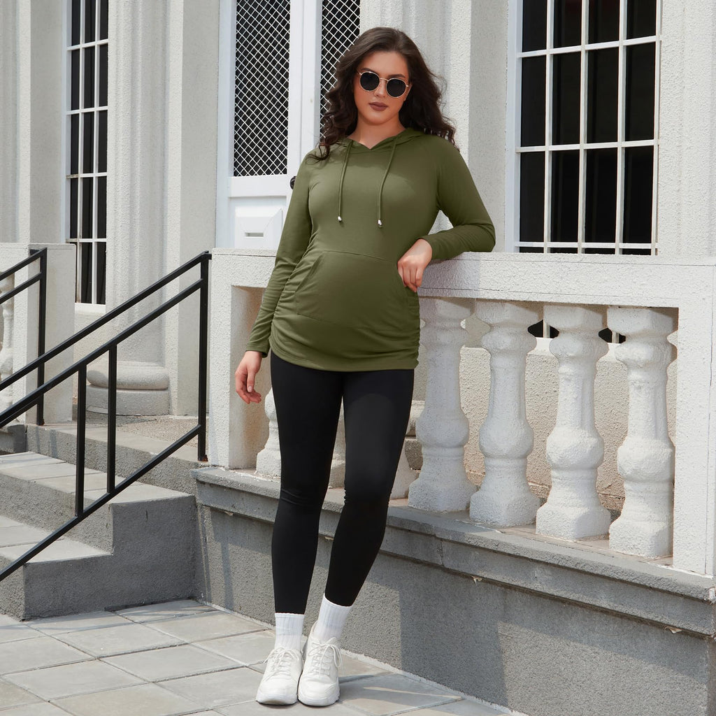GINKANA Womens Maternity Hoodie Top Sweatshirt Long Sleeve Pregnancy Tunic Top,Olive Green,Large