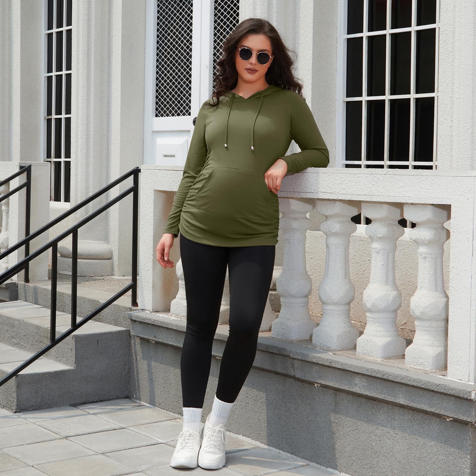 GINKANA Womens Maternity Hoodie Top Sweatshirt Long Sleeve Pregnancy Tunic Top,Olive Green,Large