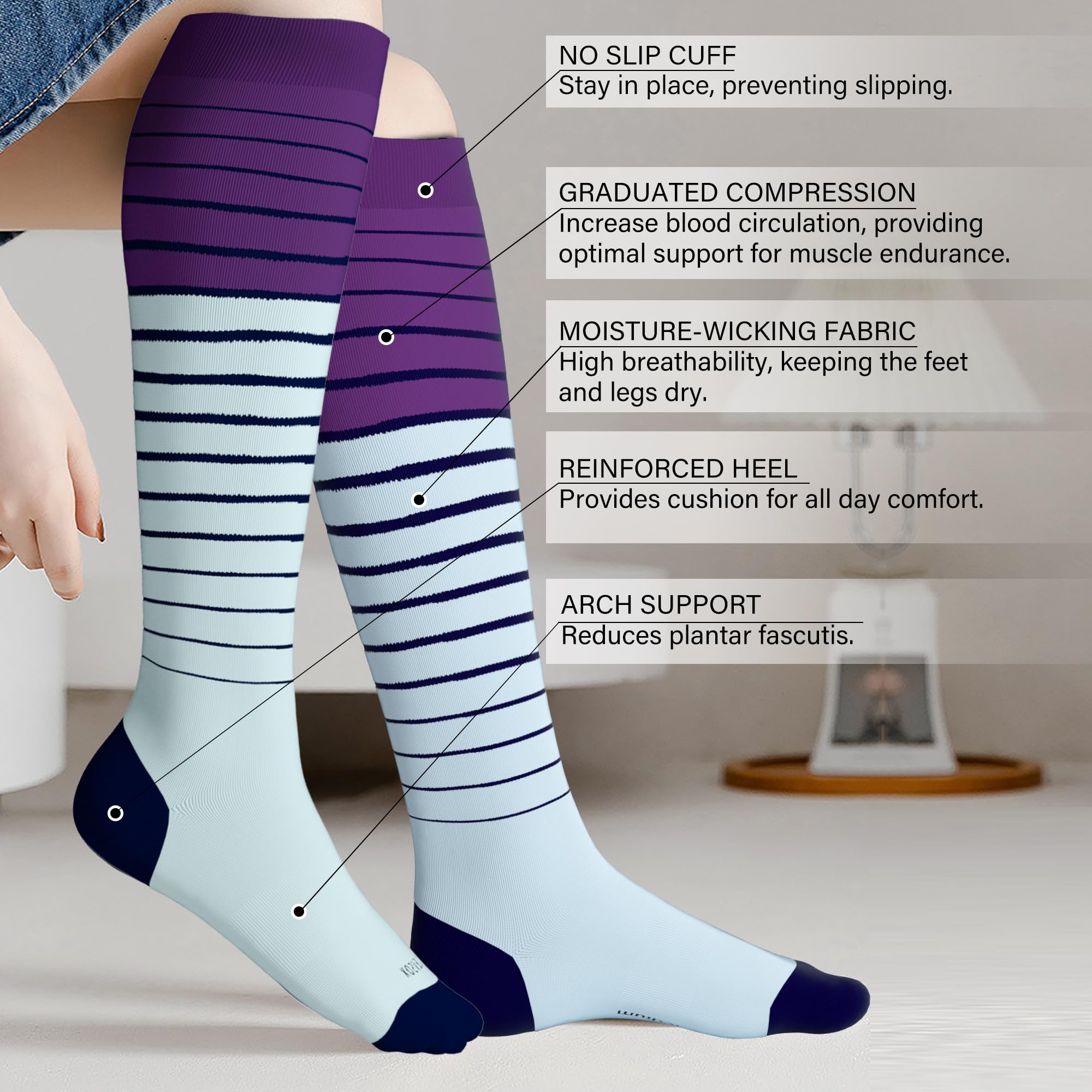 LEVSOX Viscose Made from Bamboo Compression Socks for Pregnant Women 20-30 mmHg Knee High Cute Funny Mens Supports Socks for Nurses, Medical, Travel and Flight, Stripe