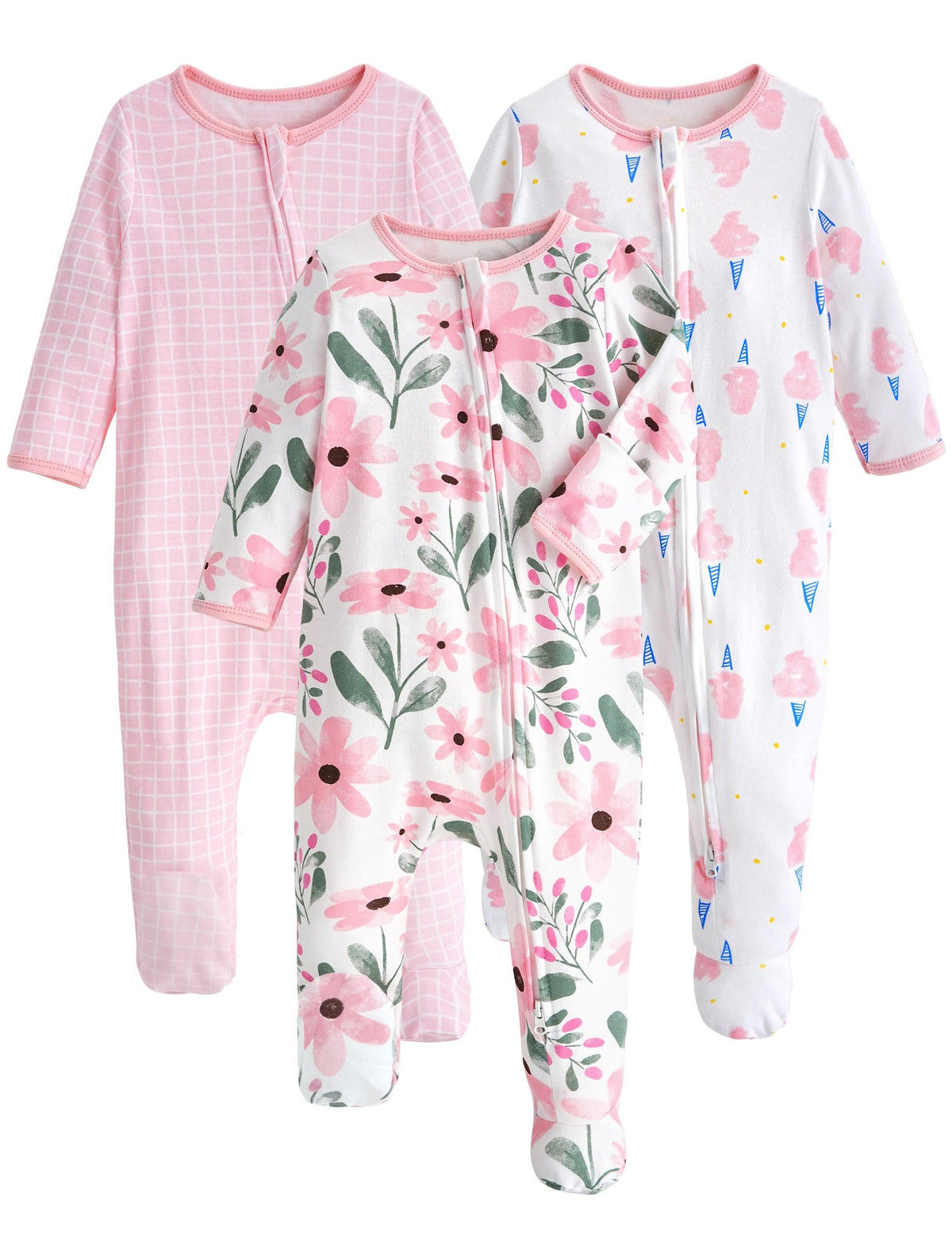 Yoofoss Baby Pajamas 100% Organic Cotton Baby Sleepers for 3-6 Month Boys Girls Clothes, 3-Pack Soft infant Toddler Footed PJs with Mitten Cuffs, Zipper Footies Pajamas