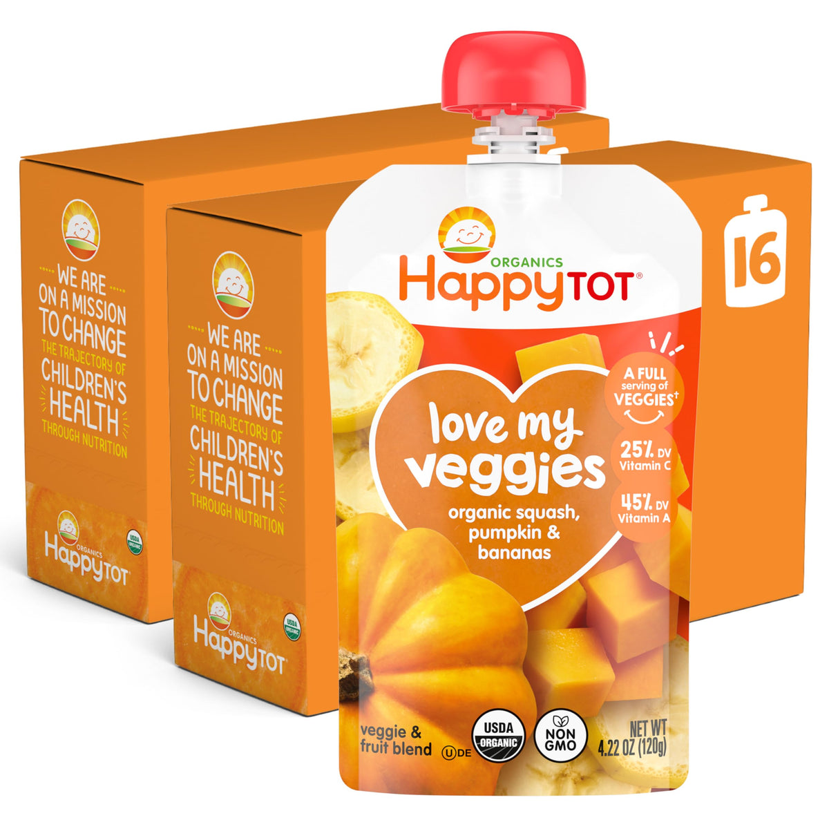 Happy Tot Organics Stage 4 Baby Food Pouches,Gluten Free, Vegan Snack, Love My Veggies, Fruit & Veggies Puree,Squash, Pumpkin & Bananas 4.22 oz Pouch (Pack of 16)