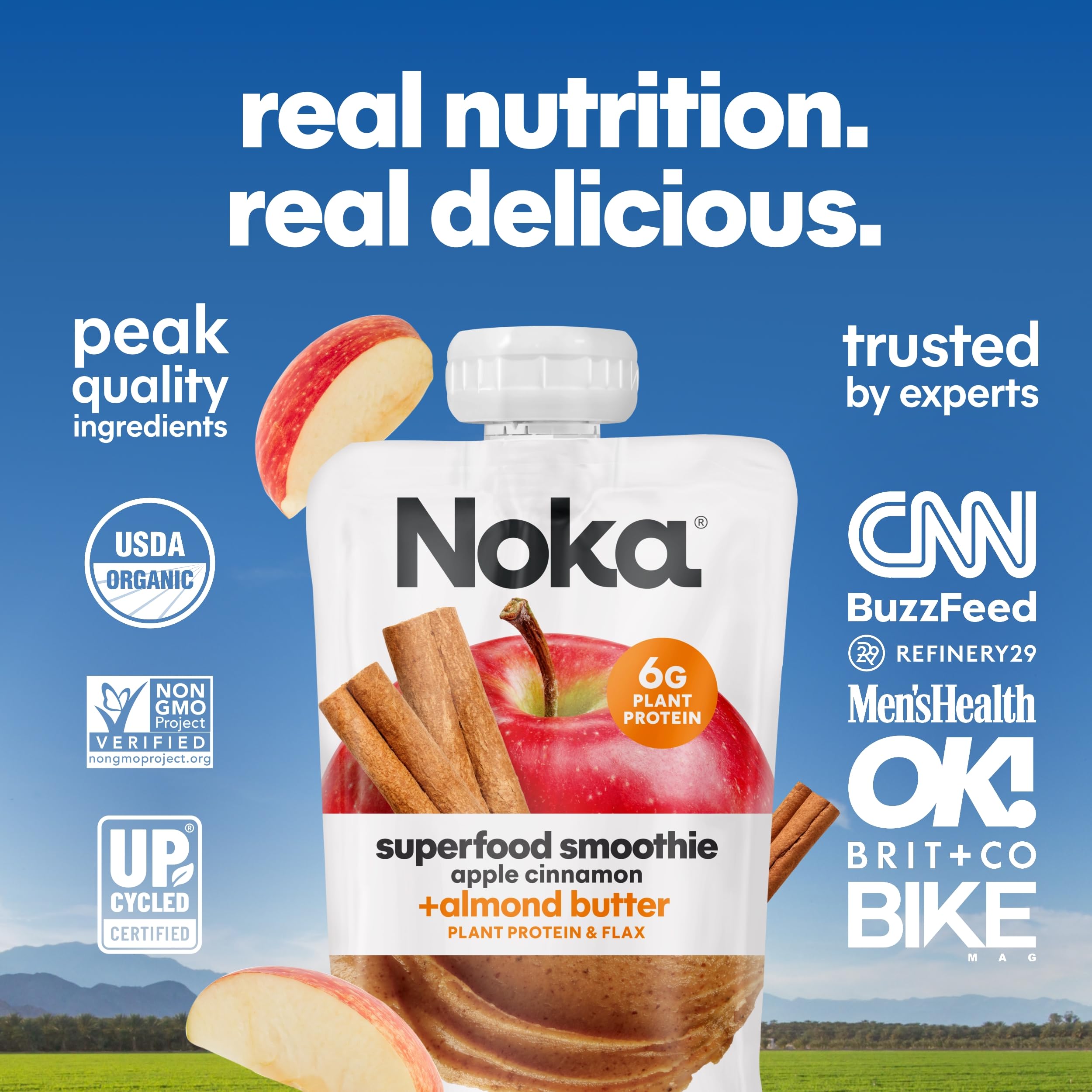 Noka Superfood Fruit Smoothie Pouches, Organic Applesauce Pouches with Apple, Cinnamon & Almond Butter, Healthy Snacks with Organic Fruits, Plant Protein, Fiber & Flax Seed, 4.22 oz (Pack of 12)