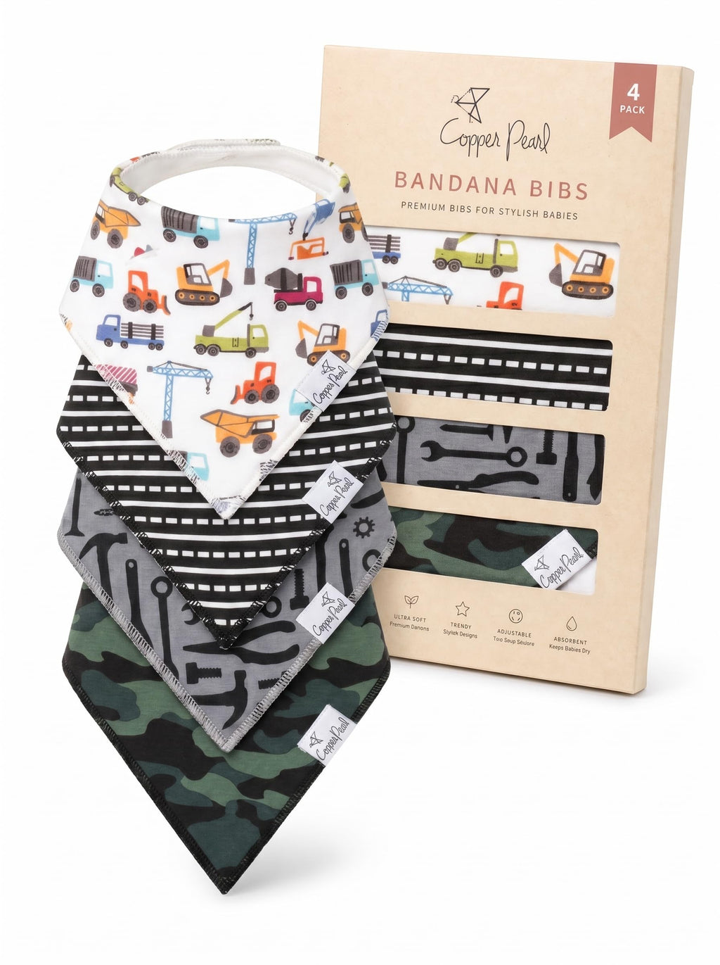 Copper Pearl Baby Bibs for Baby Boy or Girl – Bandana Drool Bibs for Teething, Absorbent Bibs for Eating, Newborn to Toddler, 4 Pack, Diesel