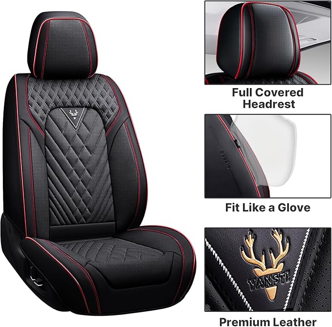 Seat Cover, Universal Leather Seat Covers for Cars, Front Auto Seat Cover, Wear-Resistant Car Seat Cushion, Waterproof Car Seat Protector Auto Vehicle Seat Cover(2 Seat,Black&Red)
