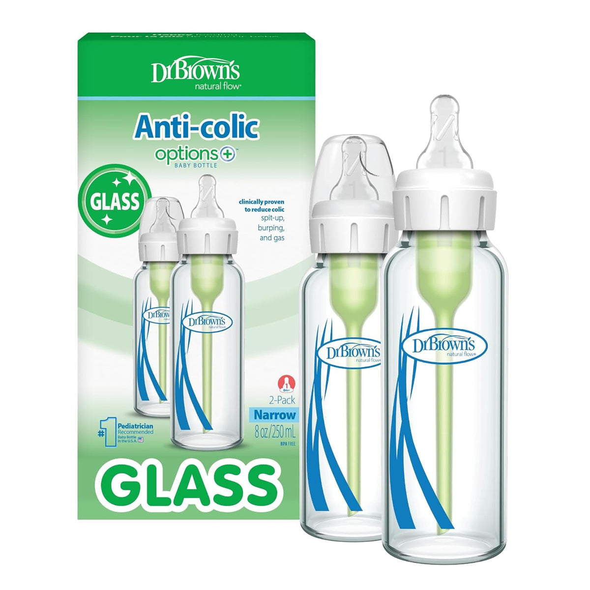 Dr. Brown's Anti-Colic Options+ Narrow Glass Baby Bottle, 8 oz, 4-Pack