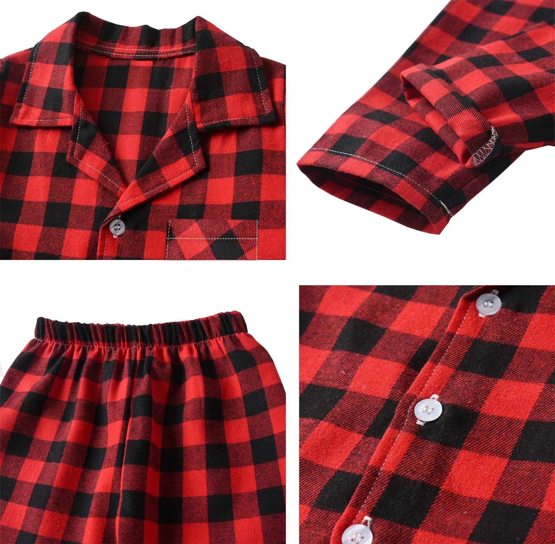 Schbbbta Kids Plaid Pajamas Set, Girls Boys 2-Piece Pajamas Set Long Sleeve Sleepwear Button Down Pjs, Red Black, 5-6 Years = Tag 130