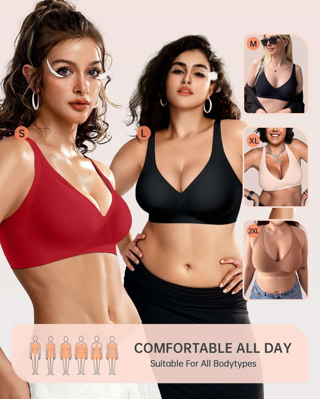 OEAK Womens Deep V Bras Wireless Comfortable Bra Supportive No Underwire Bras Tshirt Push Up Bralettes Plunge Seamless Bra Red M
