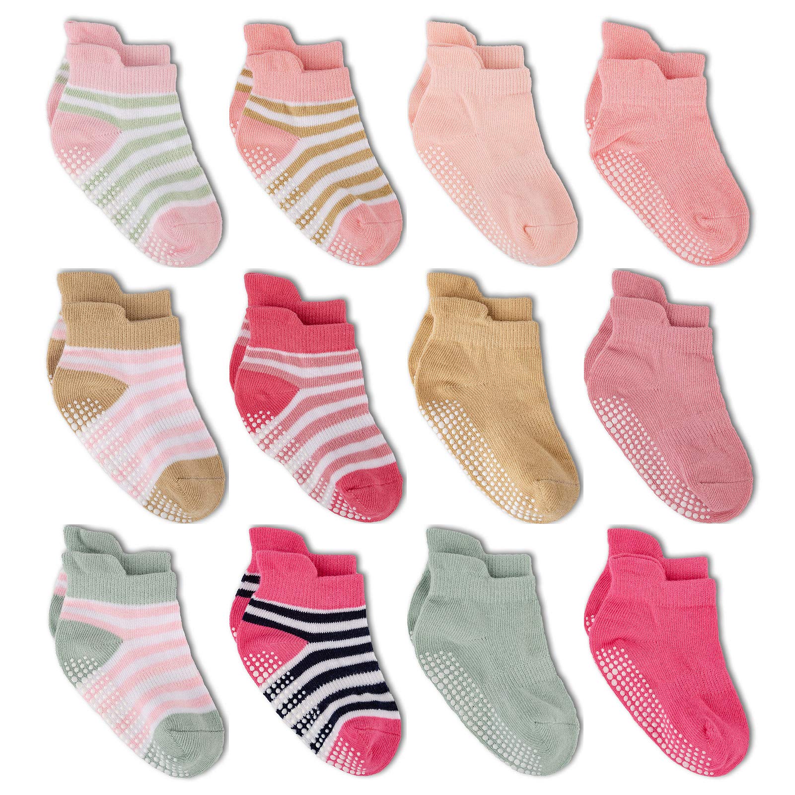 Zaples Baby Girls Non Slip Grip Ankle Socks with Non Skid Soles for Infants Toddlers Kids, 12 Pairs, Pink Princess, 12-36 Months