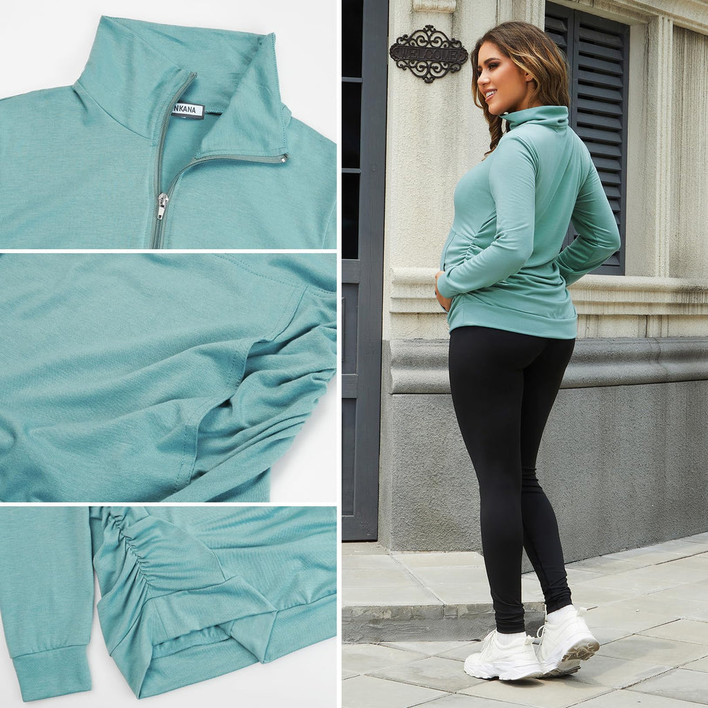 GINKANA Maternity Tops Comfortable Long Sleeve Lightweight Zip-up Shirts with Kanga Pocket,Sage Green,S