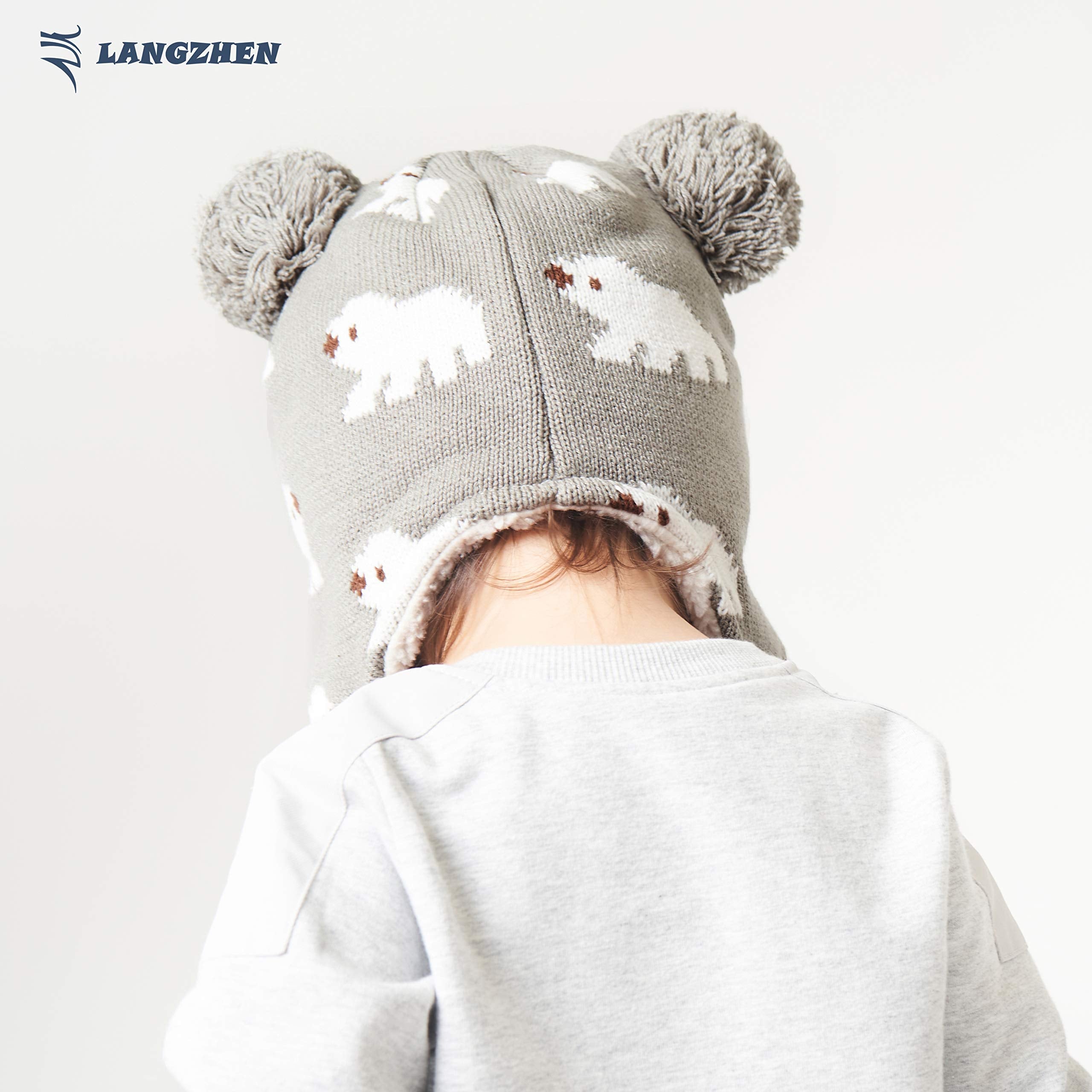 LANGZHEN Toddler Kids Infant Winter Hat,Earflap Knit Warm Cap Fleece Lined Beanie for Baby Boys Girls (Polar Bear - Grey, L(50-52CM/19.69"-20.47"))