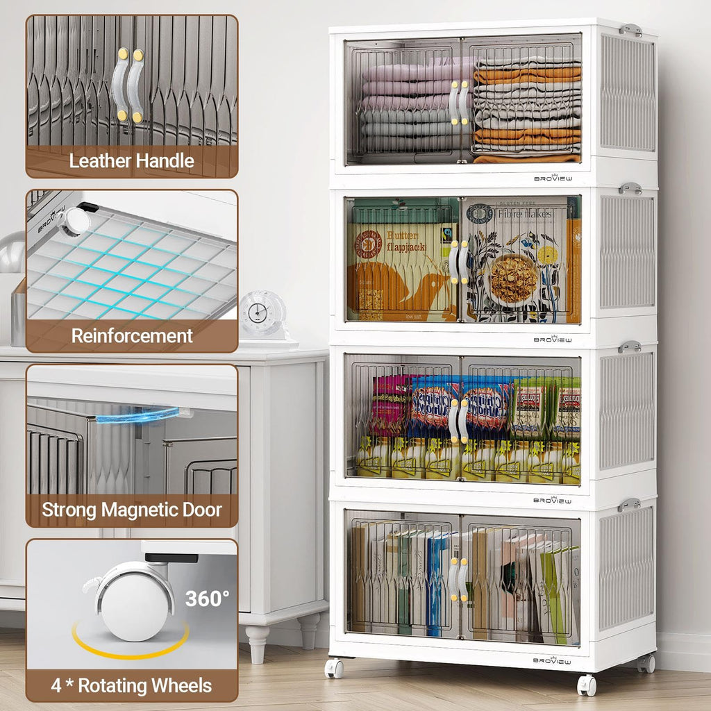 BROVIEW 480Qt Stackable Storage Bins with Lids, Extra Large Closet Organizer Collapsible Drawer Boxes with Wheels, Folding Plastic Cabinet Containers for Home Kitchen Room Organization, 4Pack White