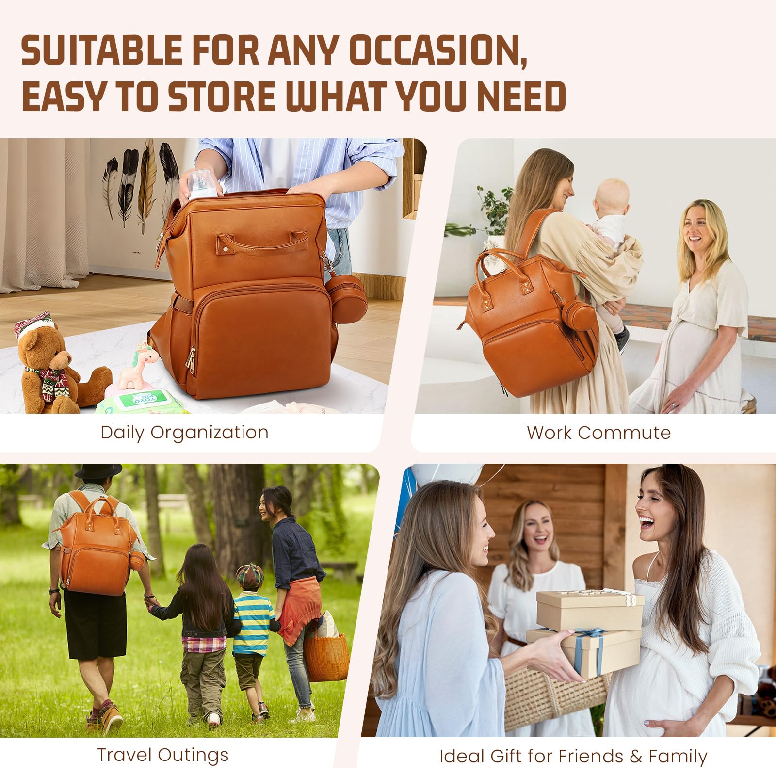 ROSEGIN Premium Vegan Leather Diaper Bag Backpack with Waterproof Changing Pad – Reinforced Stitching & Zippers, Baby Bag for Boy Girl, Stroller Straps, Ergonomic Design for Traveling Moms, Brown