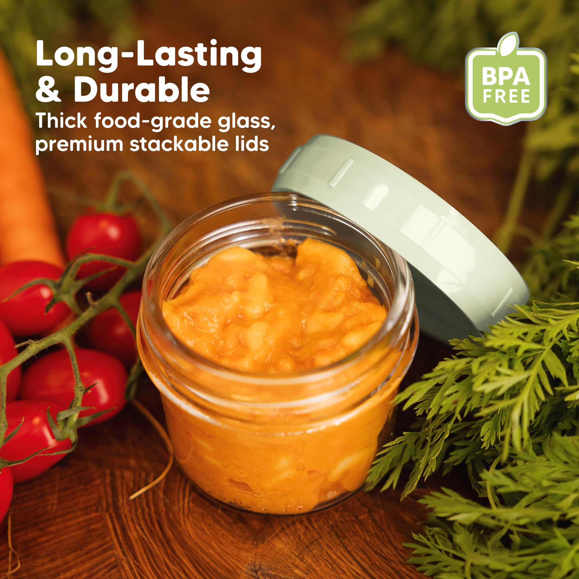 KeaBabies 12pk 4oz Glass Baby Food Containers with Lids, Leak-Proof (Sage)