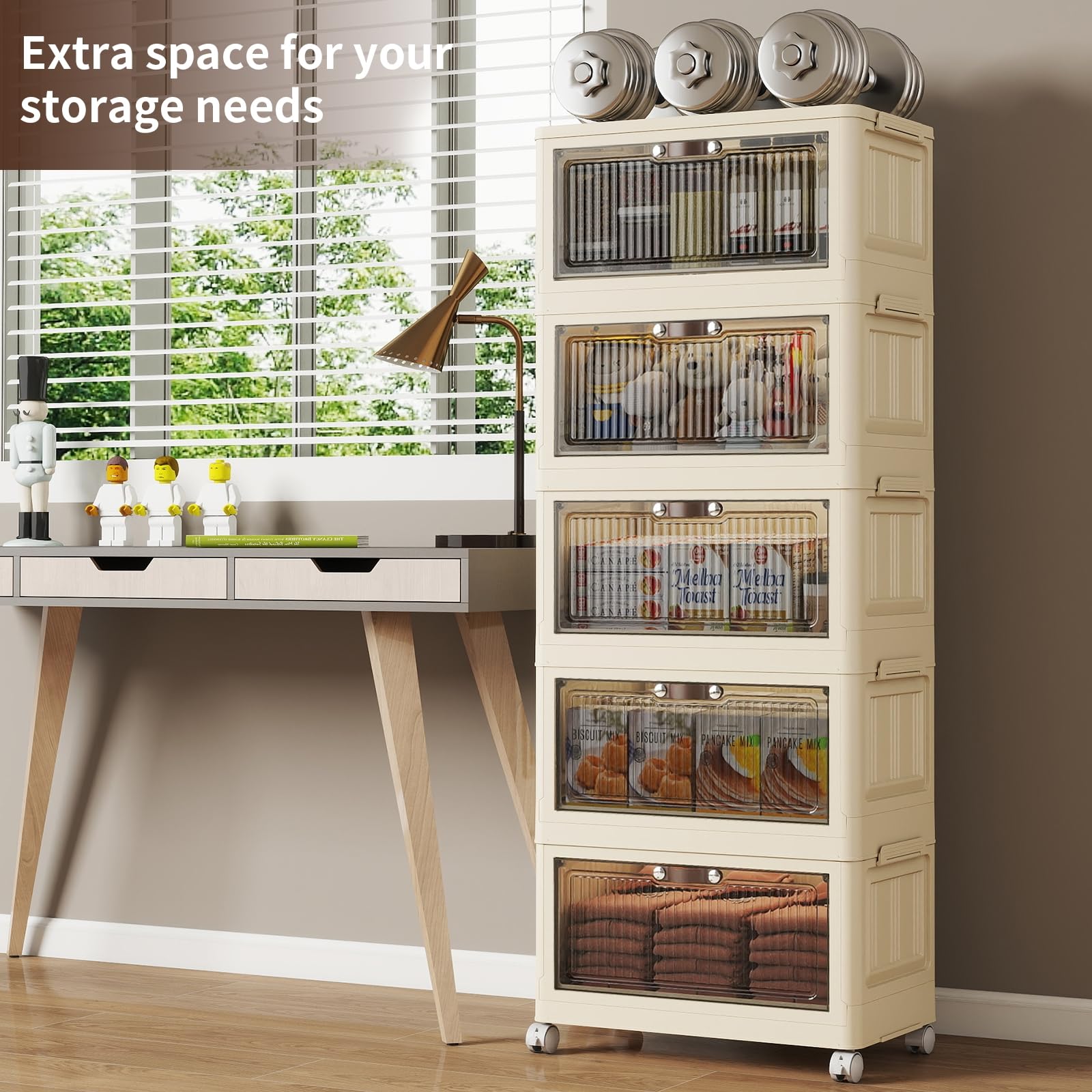 5 Tier - 34QT Storage Bins with Lids, Collapsible Storage Bins with Doors and Wheels, Plastic Storage Cabinet for Easy Storage and Organization for Living Room, Office