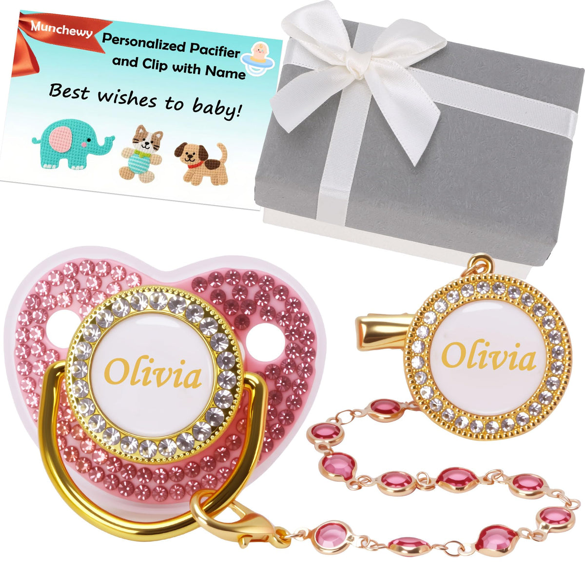 Munchewy Custom Baby Pacifier with Name and Clip for Newborns(White)
