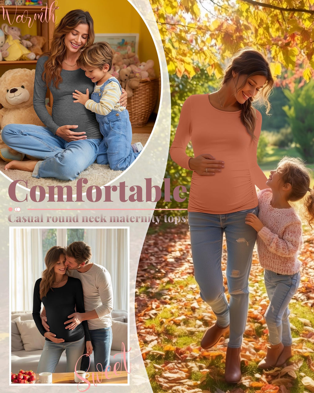 Ficerd 3 Pack Women's Maternity Long Sleeve Shirts, 3-Color Set, XX-Large