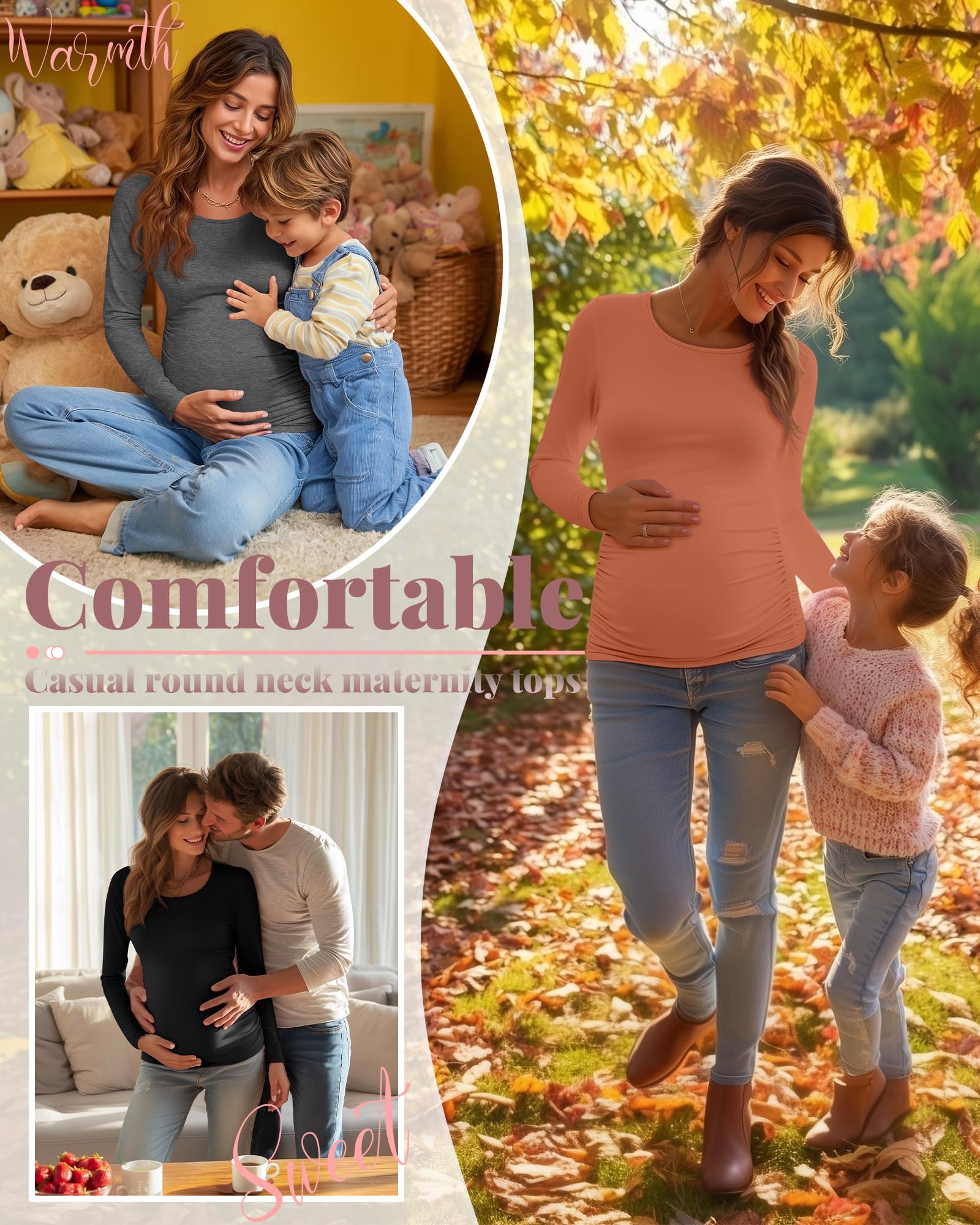 Ficerd 3 Pack Women's Maternity Long Sleeve Shirts, 3-Color Set, XX-Large