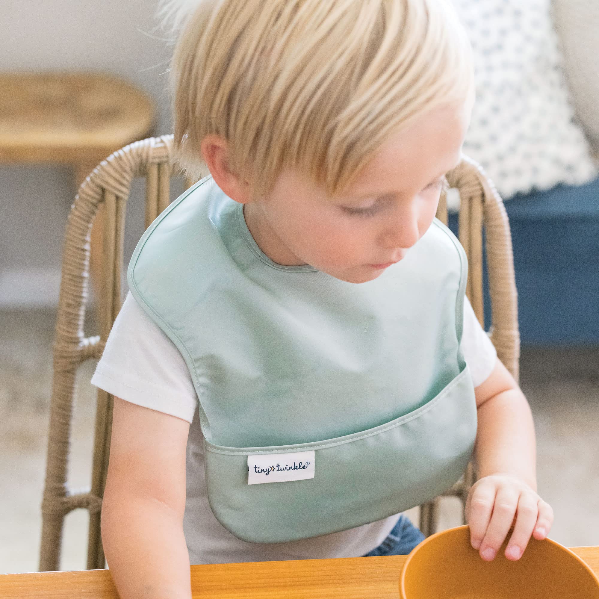 Tiny Twinkle Mess-Proof Baby Bibs for Eating | Waterproof, Wipeable Toddler Bibs with Catch-All Pocket | Feeding Bibs for Girls & Boys(3 Pack,Sage, Charcoal)