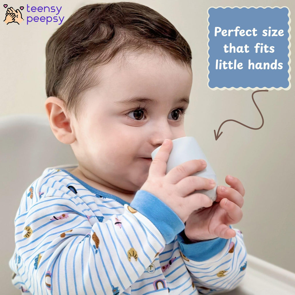 teensy peepsy Silicone Training Cups for Babies 4 Months+ | 2 pack Tiny Transition Cup for Baby Boy Gift, Baby Water Cup for 6-12 Months, Toddler Open Cups 2oz, Baby Essentials for BLW (Aquamarine)