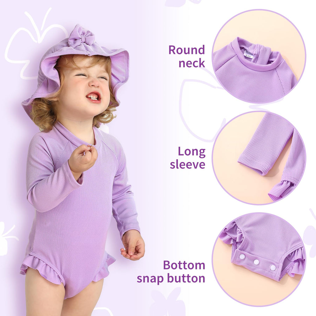 YOUNGER TREE Infant Baby Girls Swimsuit Long Sleeve One Piece Swimsuit Solid Color Bathing Suit with Hat, UPF 50+ (Purple, 18-24 Months)