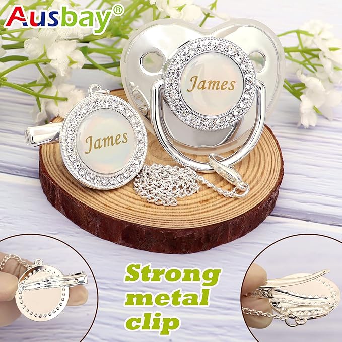 Personalized Pacifier Set with Name, BPA Free, Bling Gold Silver Pink Rose Gold Luxurious Ideal Gift for Newborns (Pink)