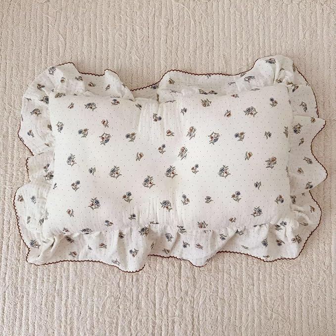 BuLuTu 100% Cotton Muslin Pillow Covers Fit for Kids Standard Size Pillow, Pansy Floral Print with Dots Pattern Children Ruffled Pillow Case, 1 pc, 20x26 Inch, Machine Washable