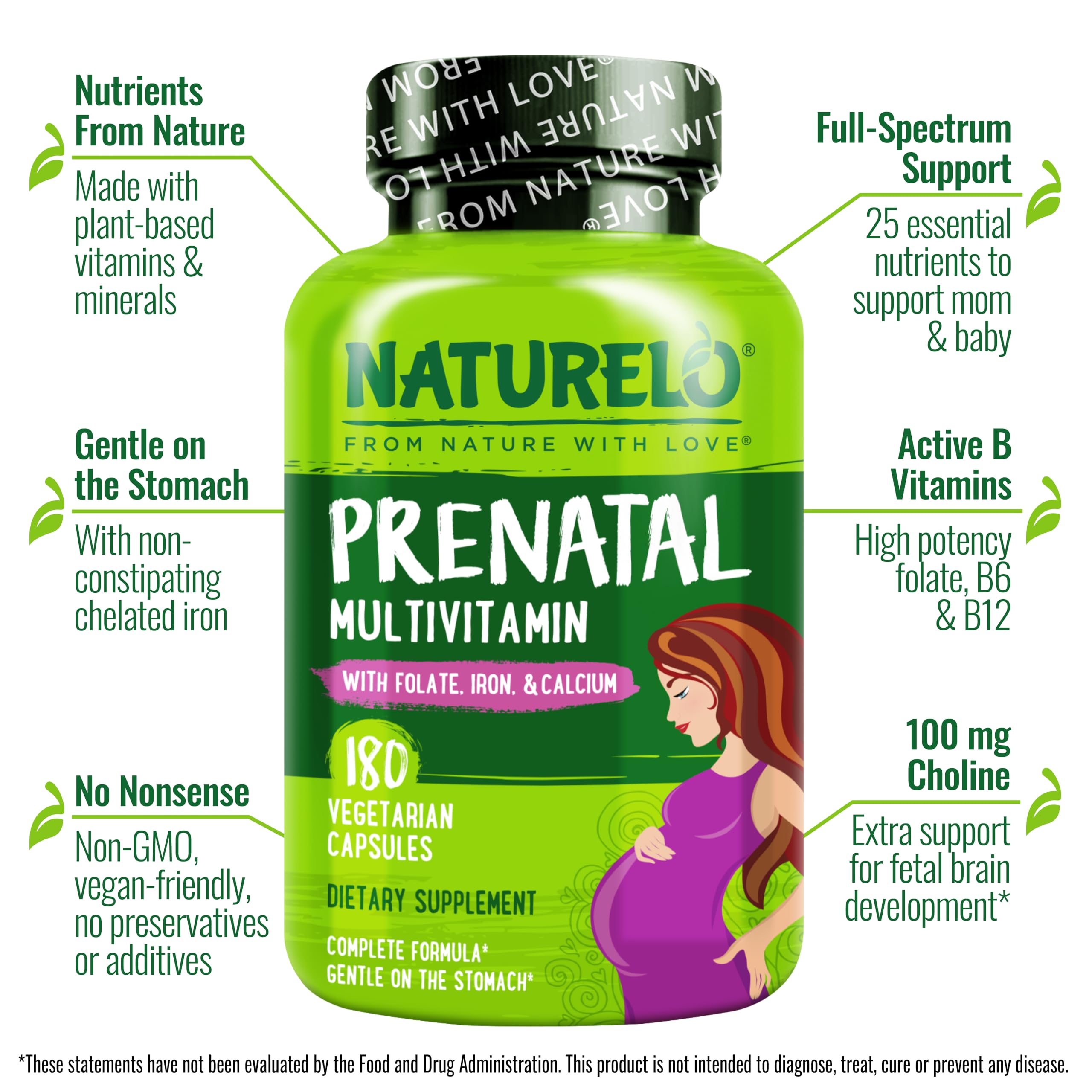NATURELO Prenatal Multivitamin with Choline & Folate, 180 Capsules