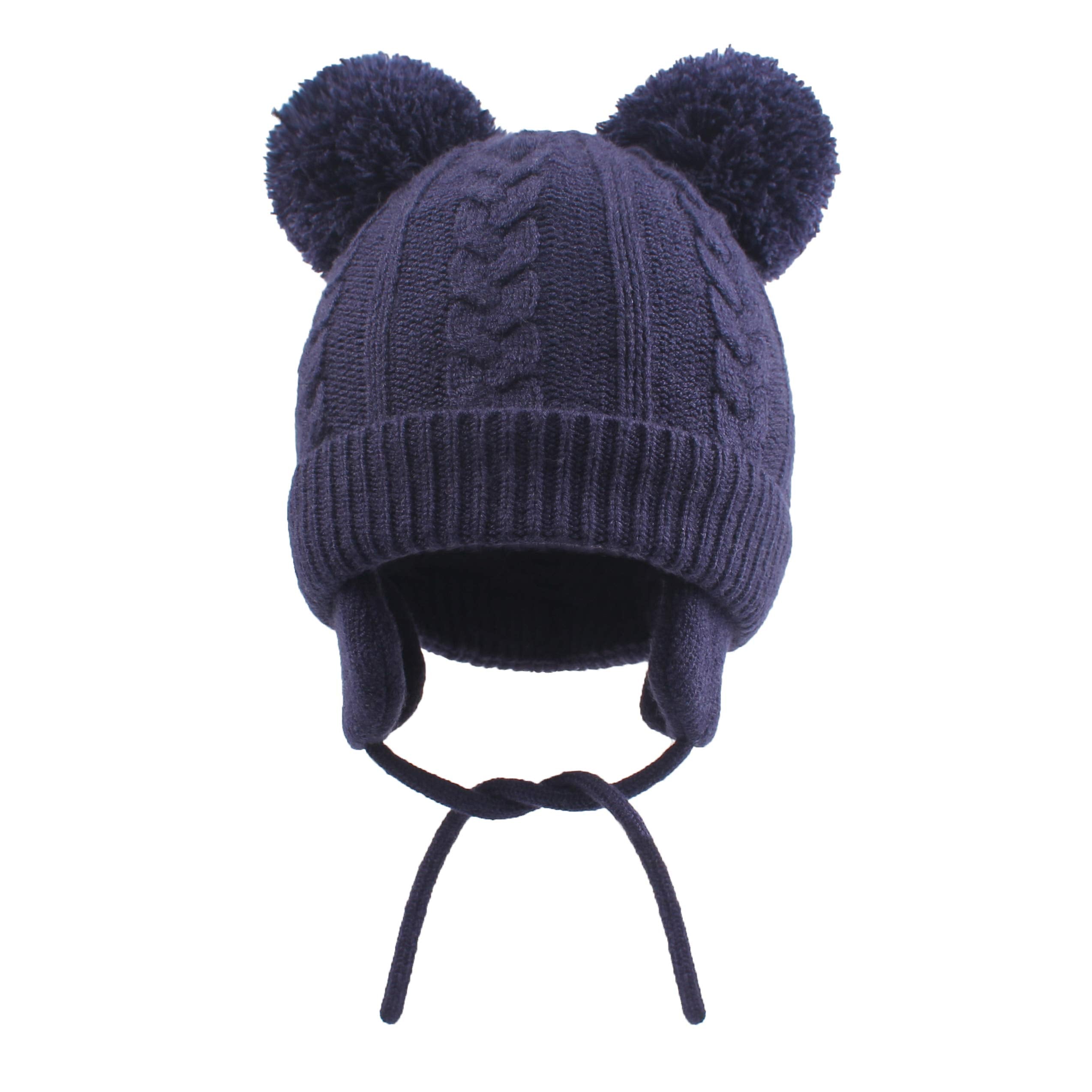Duoyeree Toddler Winter Hat, Earflap Double Pom Pom Knit Beanie 0-36M