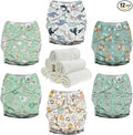 Mama Koala 3.0 Pocket Cloth Diapers for Babies with AWJ Lining, 6 Pack with 6 4-Layer Natural Cloth Diaper Inserts - Reusable and Washable Pocket Diapers (Adorable Animal)