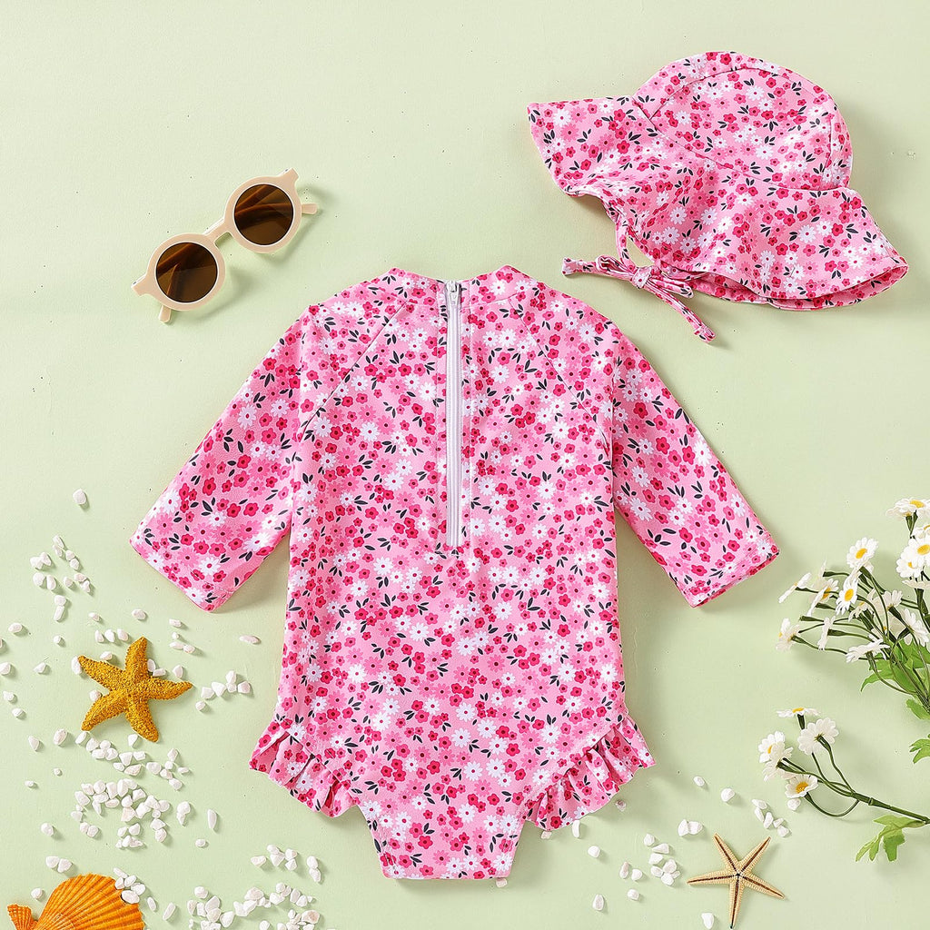 WOLBAY Baby Girl Swimsuit Long Sleeve One Piece Rash Guard with Sun Hat Zipper Bathing Suit Size 0-2T (US, Age, 18 Months, 24 Months, Pink)