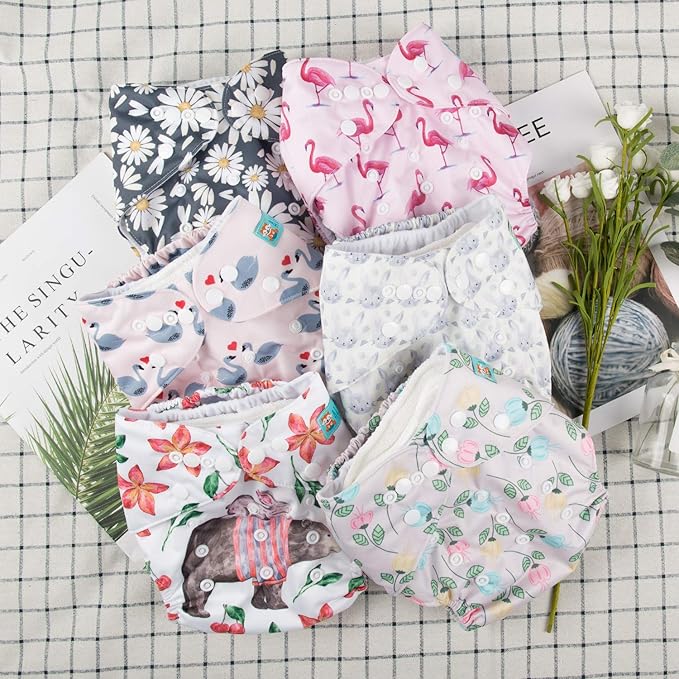 ALVA 6 Pack Cloth Diaper with 12 Inserts One Size Adjustable Washable Reusable Diaper Cover for Baby Girls and Boys