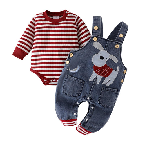 3-6 Month Boy Clothes Baby Fall Winter Newborn Fashion Outfits Infant Long Sleeve Striped Romper Cute Dog Cartoon Button Jeans Overalls Pants Set Blue 3-6 Months