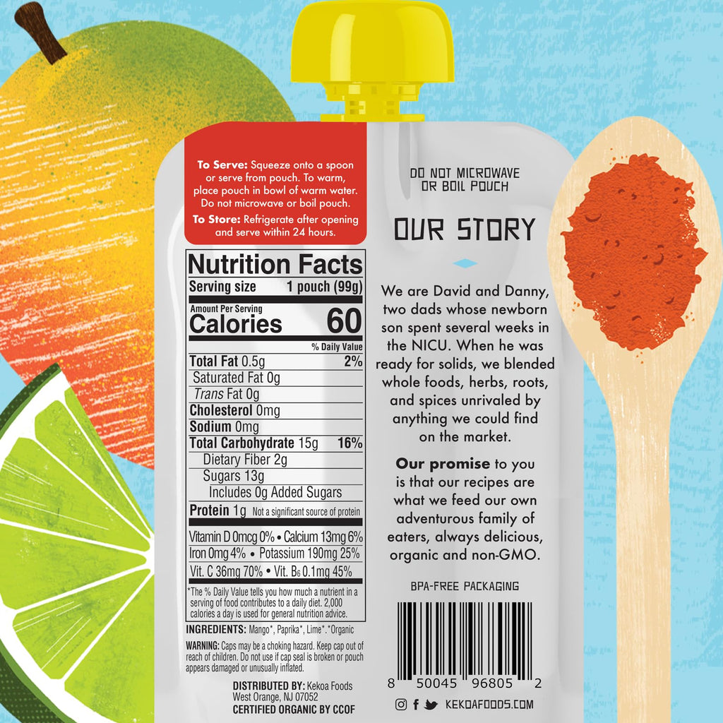 Kekoa Foods Mango Paprika Baby Food Purée | 100% USDA Certified-Organic, No Sugar Added | Organic, Non-GMO, Gluten-Free, Vegan | Sweet Mango with Lime & Mild Paprika | 3.5 oz Squeeze Pouch