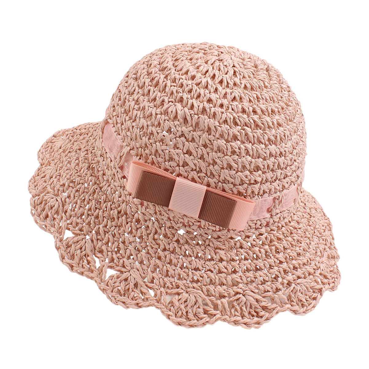JANGANNSA Baby Girl Straw Hat Outdoor Baby Sun Protection Hats Summer Bowknot Beach Cap for Infant Toddler Girls(Lace Tie-Pink,2-5 Years)