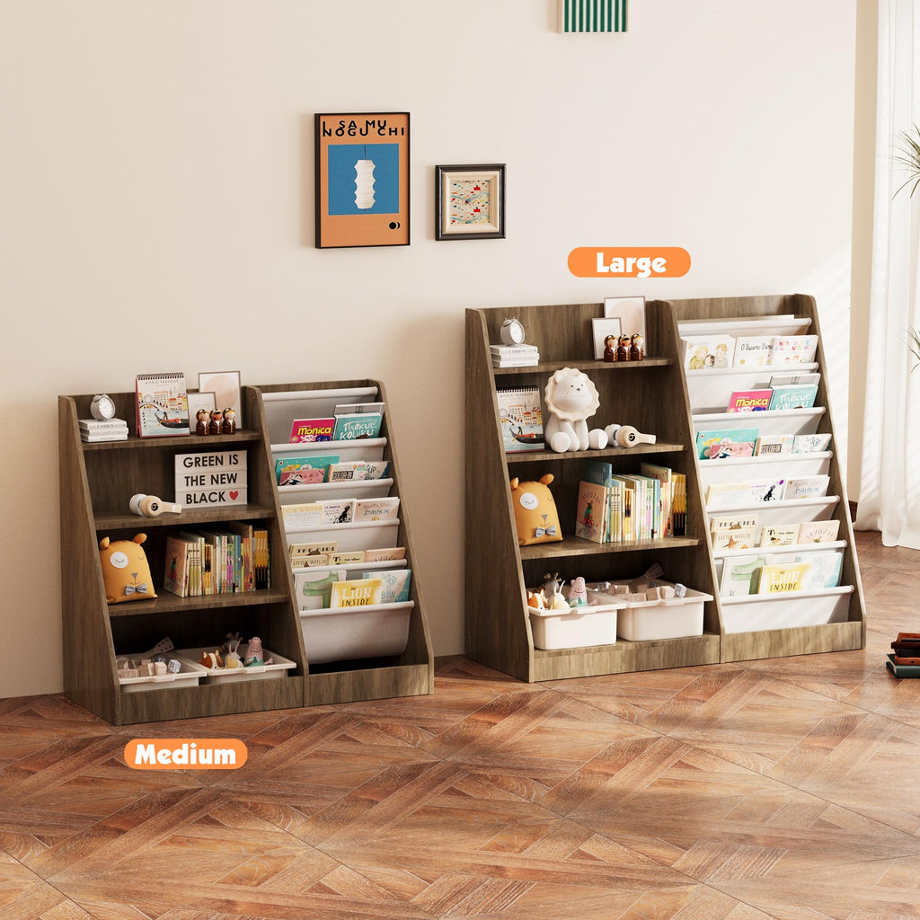 4 Tier Kids Bookshelf Wooden, Five Layer Sling Children Bookcase, Baby Toddler Storage Book Rack, Book and Toy Organizer Cabinet Chest, Book Display Shelf Stand, Playroom Nursery Classroom Library